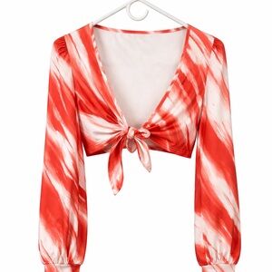 ROMWE Red and White Tie-Front Crop Top